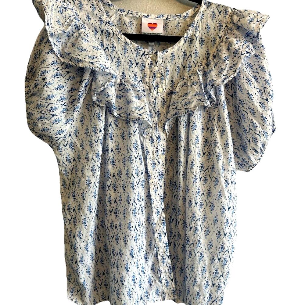Blue Floral Ruffled Short-Sleeve Blouse